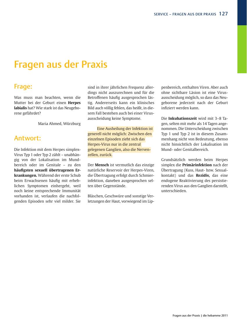 Vorschauseite 1: Fragen aus der Praxis: Herpes labialis
