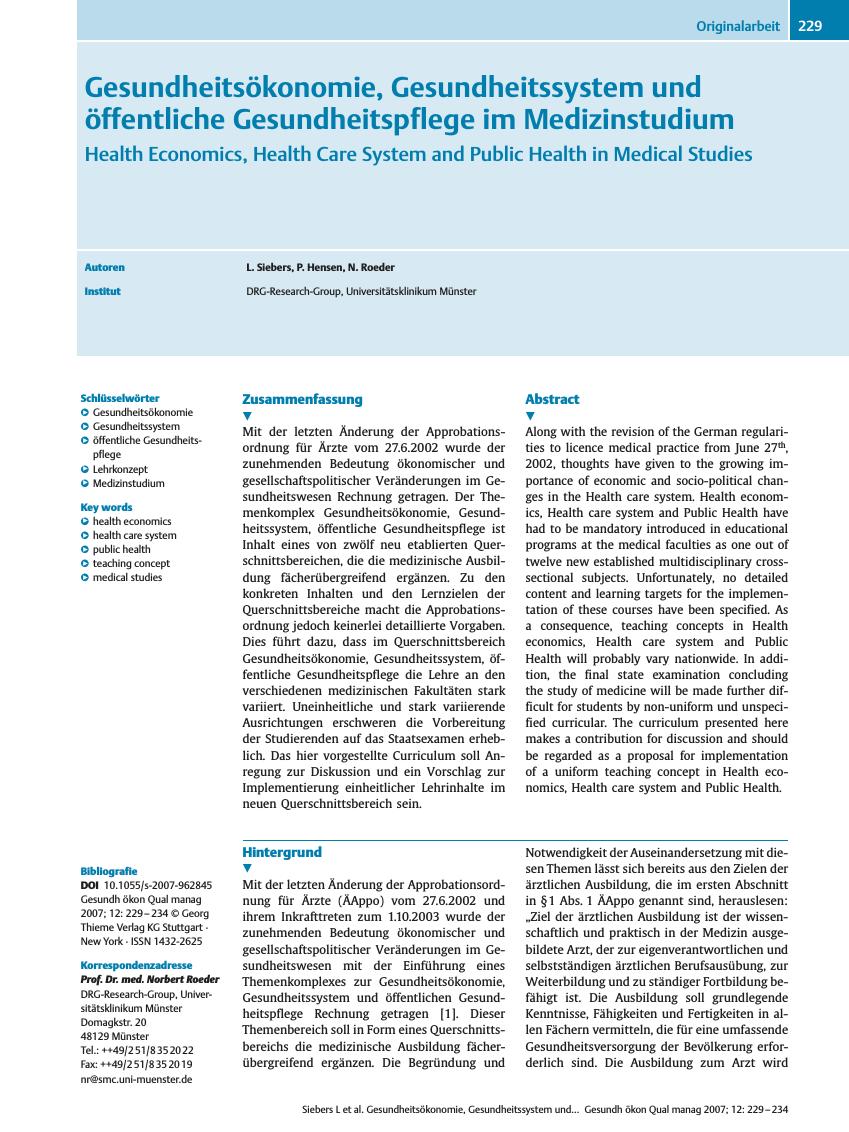 Vorschauseite 1: Gesundheitsökonomie, Gesundheitssystem und öffentliche Gesundheitspflege im Medizinstudium