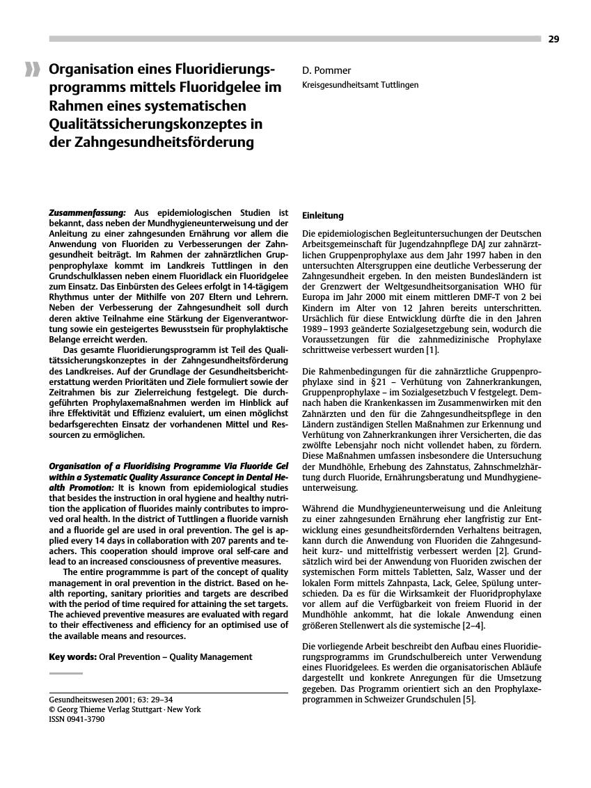Vorschauseite 1: Organisation eines Fluoridierungsprogramms mittels Fluoridgelee im Rahmen eines systematischen Qualitätssicherungskonzeptes in der Zahngesundheitsförderung