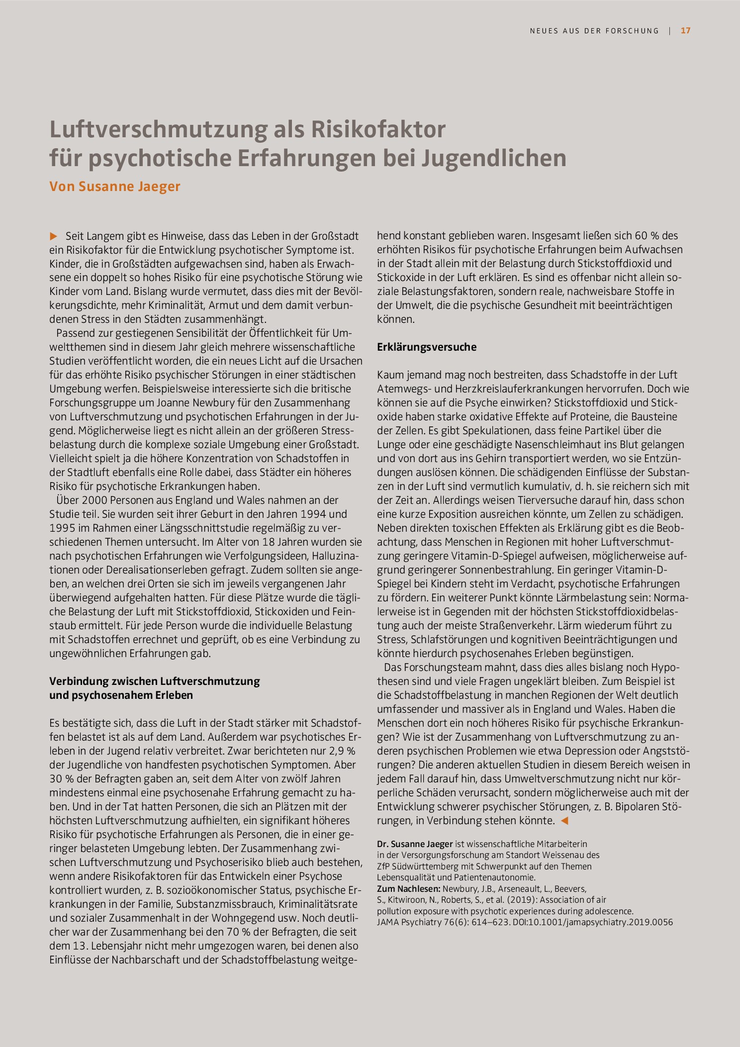 Vorschauseite 1: Luftverschmutzung als Risikofaktor für psychotische Erfahrungen bei Jugendlichen