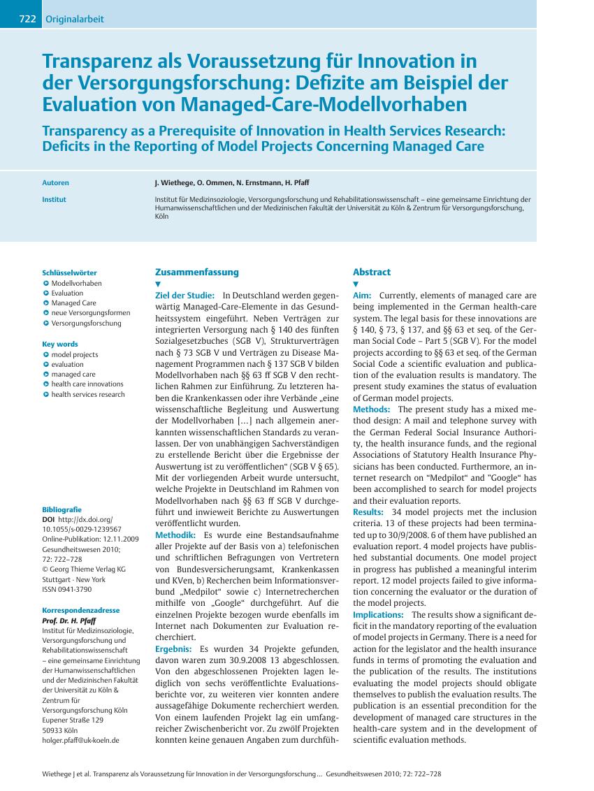 Vorschauseite 1: Transparenz als Voraussetzung für Innovation in der Versorgungsforschung: Defizite am Beispiel der Evaluation von Managed-Care-Modellvorhaben