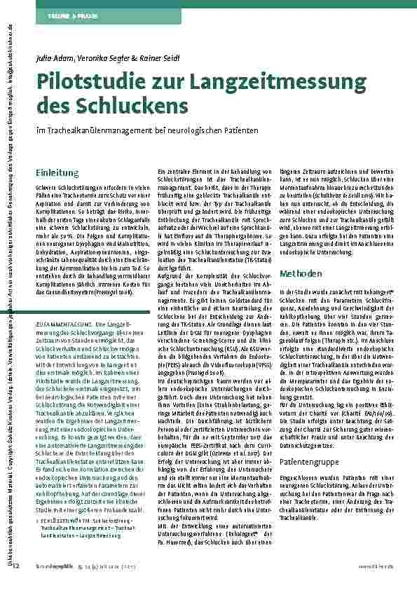 Vorschauseite 1: Pilotstudie zur Langzeitmessung des Schluckens im Trachealkanülenmanagement bei neurologischen Patienten