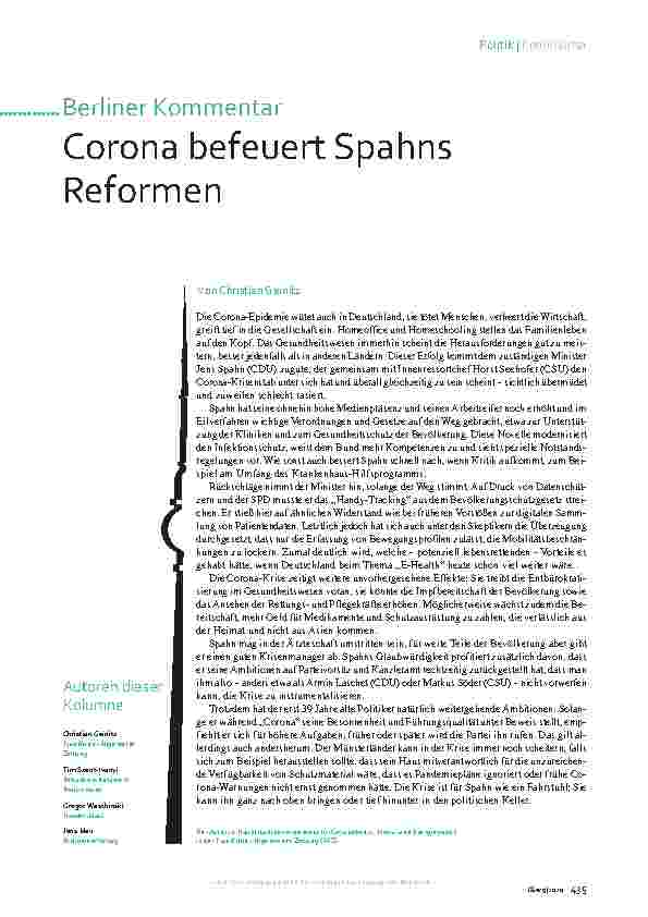 Vorschauseite 1: Corona befeuert Spahns Reformen.