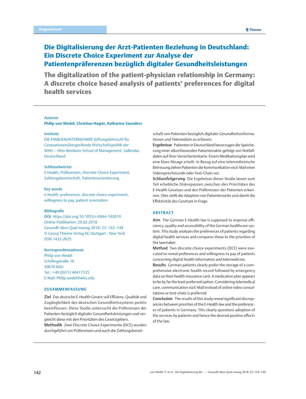Vorschauseite 1: Die Digitalisierung der Arzt-Patienten Beziehung in Deutschland: Ein Discrete Choice Experiment zur Analyse der Patientenpräferenzen bezüglich digitaler Gesundheitsleistungen