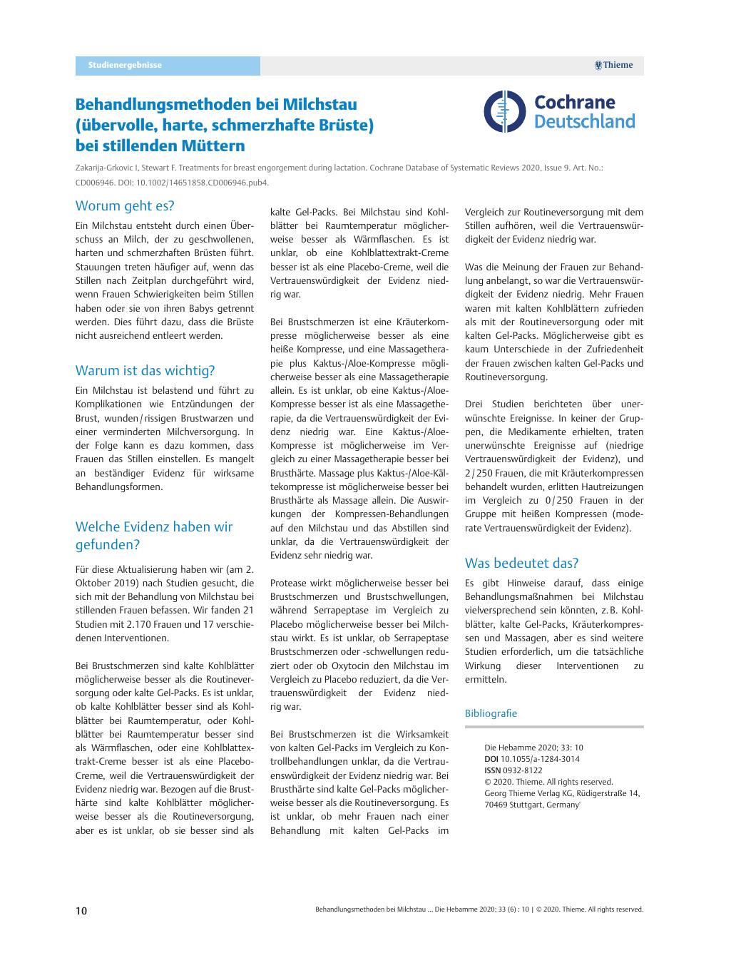 Vorschauseite 1: Behandlungsmethoden bei Milchstau (übervolle, harte, schmerzhafte Brüste) bei stillenden Müttern