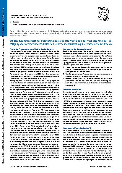Vorschauseite 1: Studienzusammenfassung: Betätigungsbasierte Interventionen zur Verbesserung der Betätigungsperformanz und Partizipation im Krankenhaussetting: Ein systematisches Review
