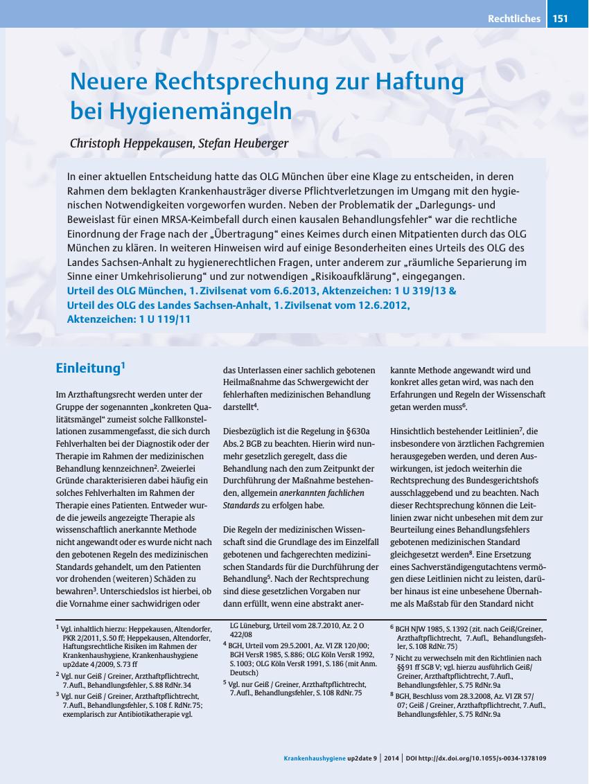 Vorschauseite 1: Neuere Rechtsprechung zur Haftung bei Hygienemängeln