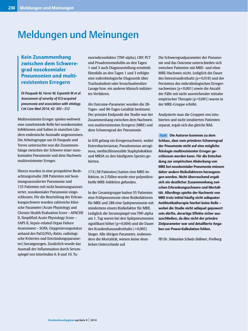Vorschauseite 1: Kein Zusammenhang zwischen dem Schweregrad nosokomialer Pneumonien und multiresistenten Erregern
