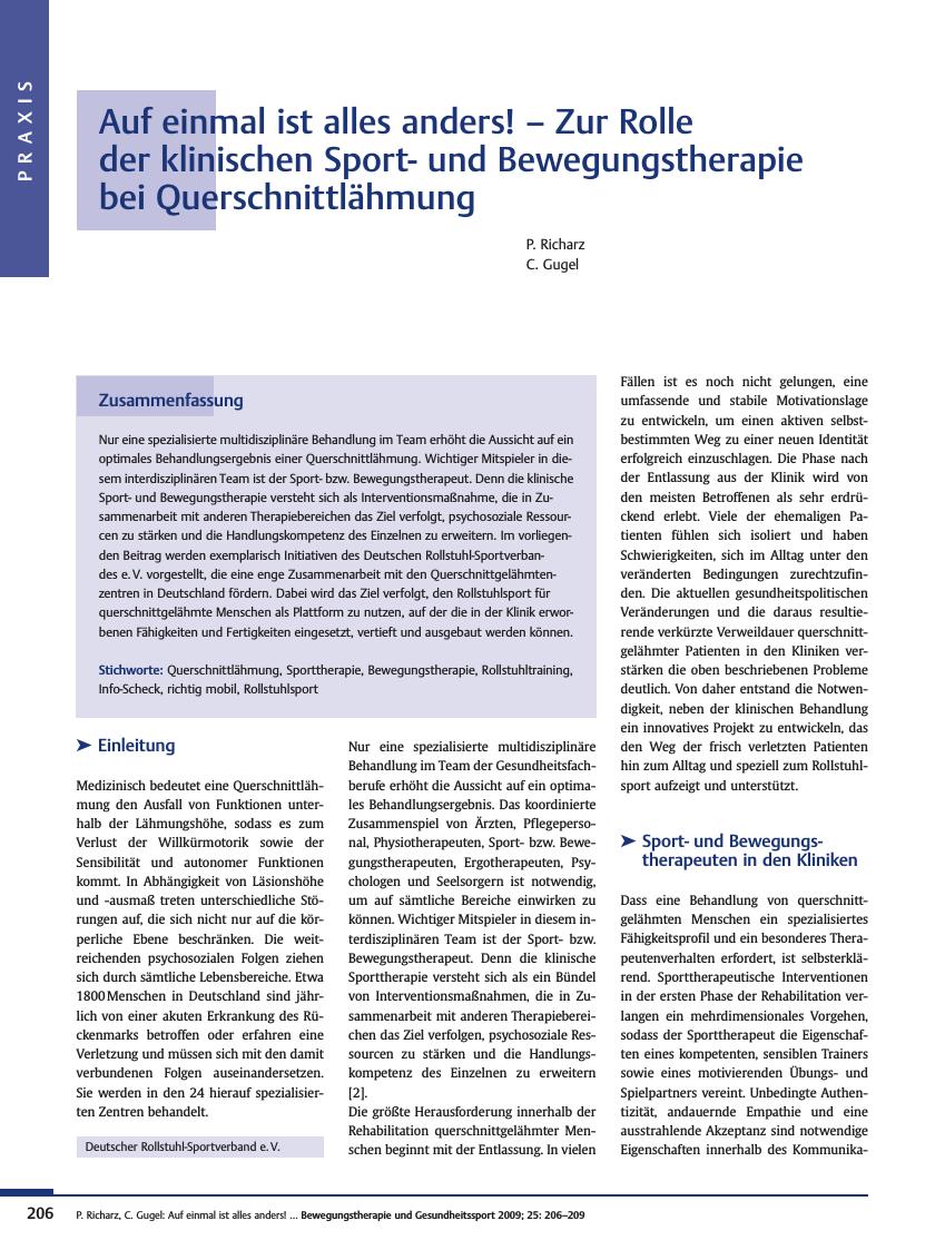 Vorschauseite 1: Auf einmal ist alles anders! – Zur Rolle der klinischen Sportund Bewegungstherapie bei Querschnittlähmung