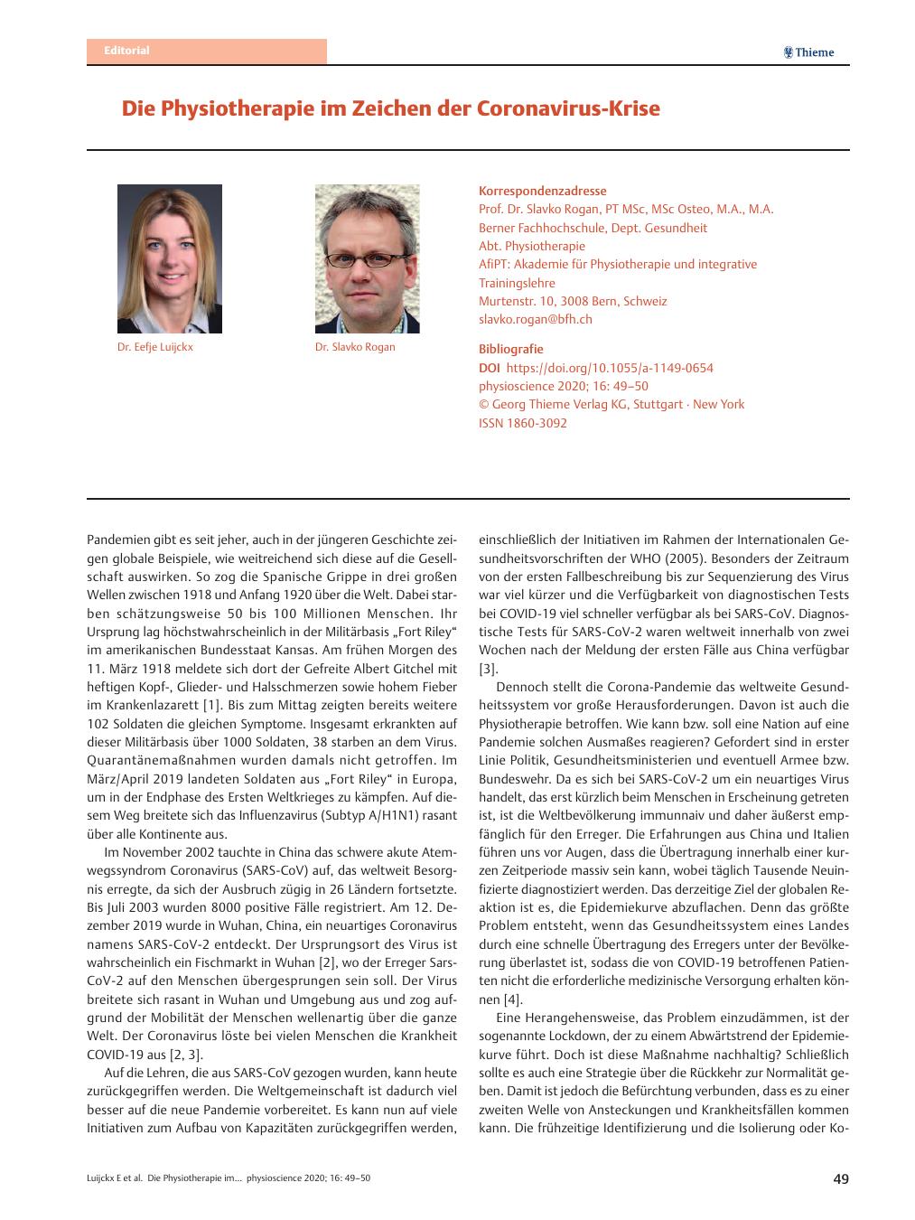 Vorschauseite 1: Die Physiotherapie im Zeichen der Coronavirus-Krise