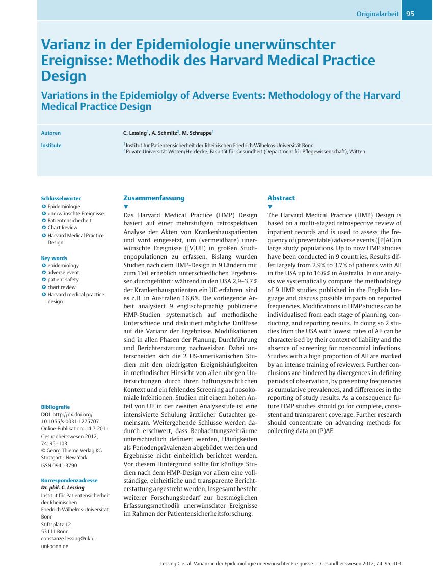 Vorschauseite 1: Varianz in der Epidemiologie unerwünschter Ereignisse: Methodik des Harvard Medical Practice Design