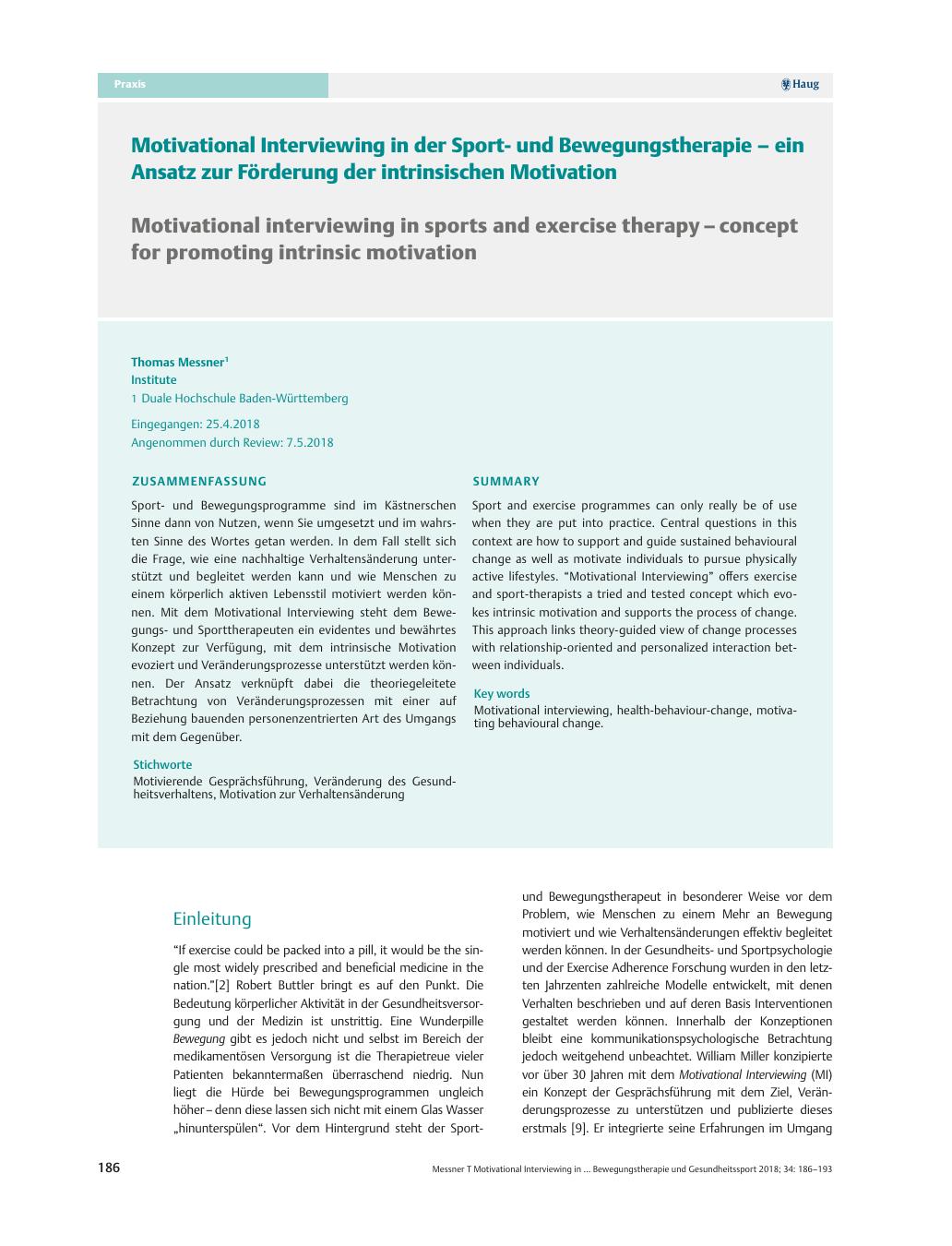 Vorschauseite 1: Motivational Interviewing in der Sportund Bewegungstherapie – ein Ansatz zur Förderung der intrinsischen Motivation
