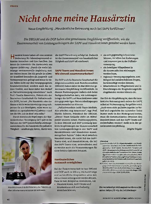Vorschauseite 1: Nicht ohne meine Hausärztin. Neue Empfehlung: „Hausärztliche Betreuung auch bei SAPV fortführen“.