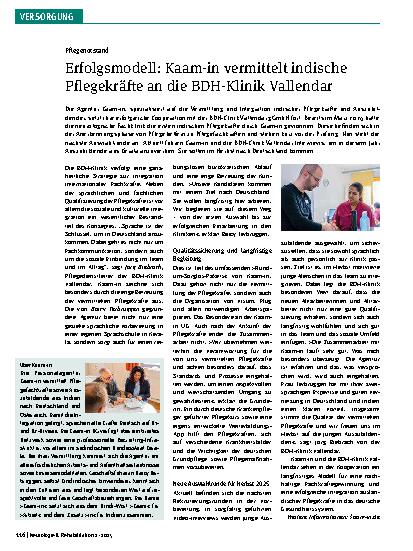 Vorschauseite 1: Pflegenotstand Erfolgsmodell: Kaam-in vermittelt indische Pflegekräfte an die BDH-Klinik Vallendar