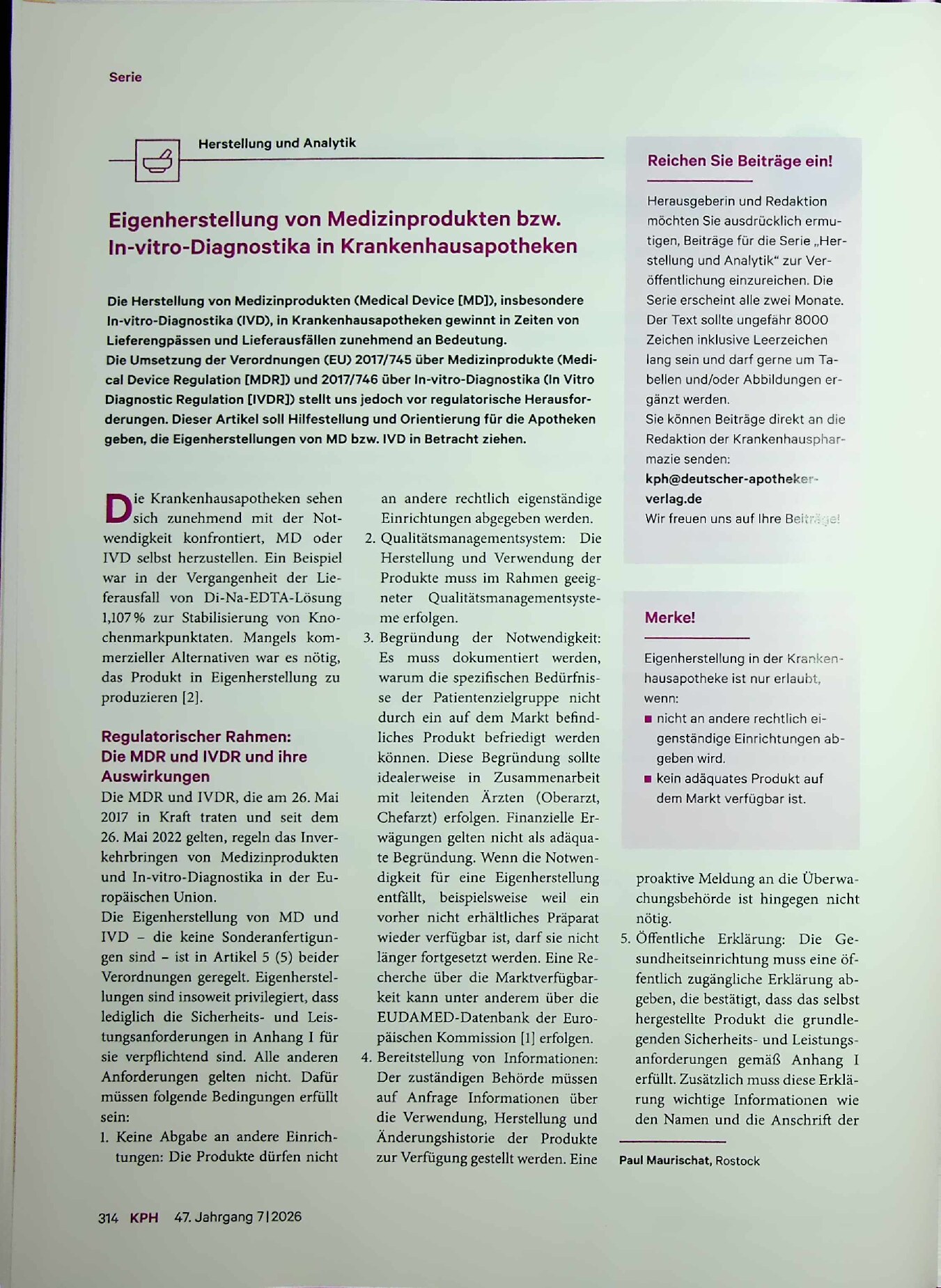 Vorschauseite 1: Eigenherstellung von Medizinprodukten bzw. In-vitro-Diagnostika in Krankenhausapotheken