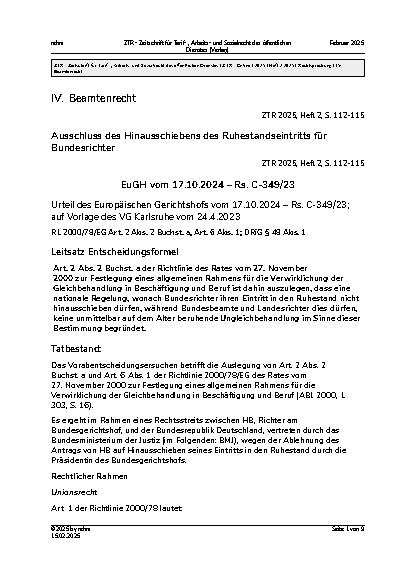 Vorschauseite 1: IV. Beamtenrecht Ausschluss des Hinausschiebens des Ruhestandseintritts für Bundesrichter