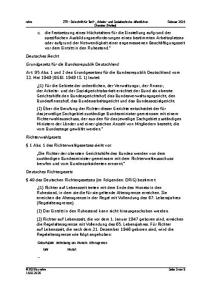 Vorschauseite 3: IV. Beamtenrecht Ausschluss des Hinausschiebens des Ruhestandseintritts für Bundesrichter