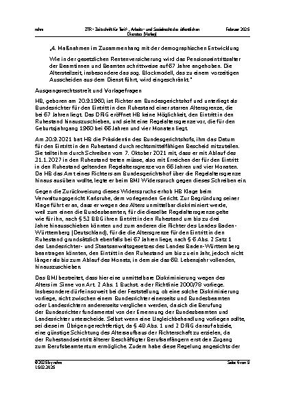 Vorschauseite 6: IV. Beamtenrecht Ausschluss des Hinausschiebens des Ruhestandseintritts für Bundesrichter