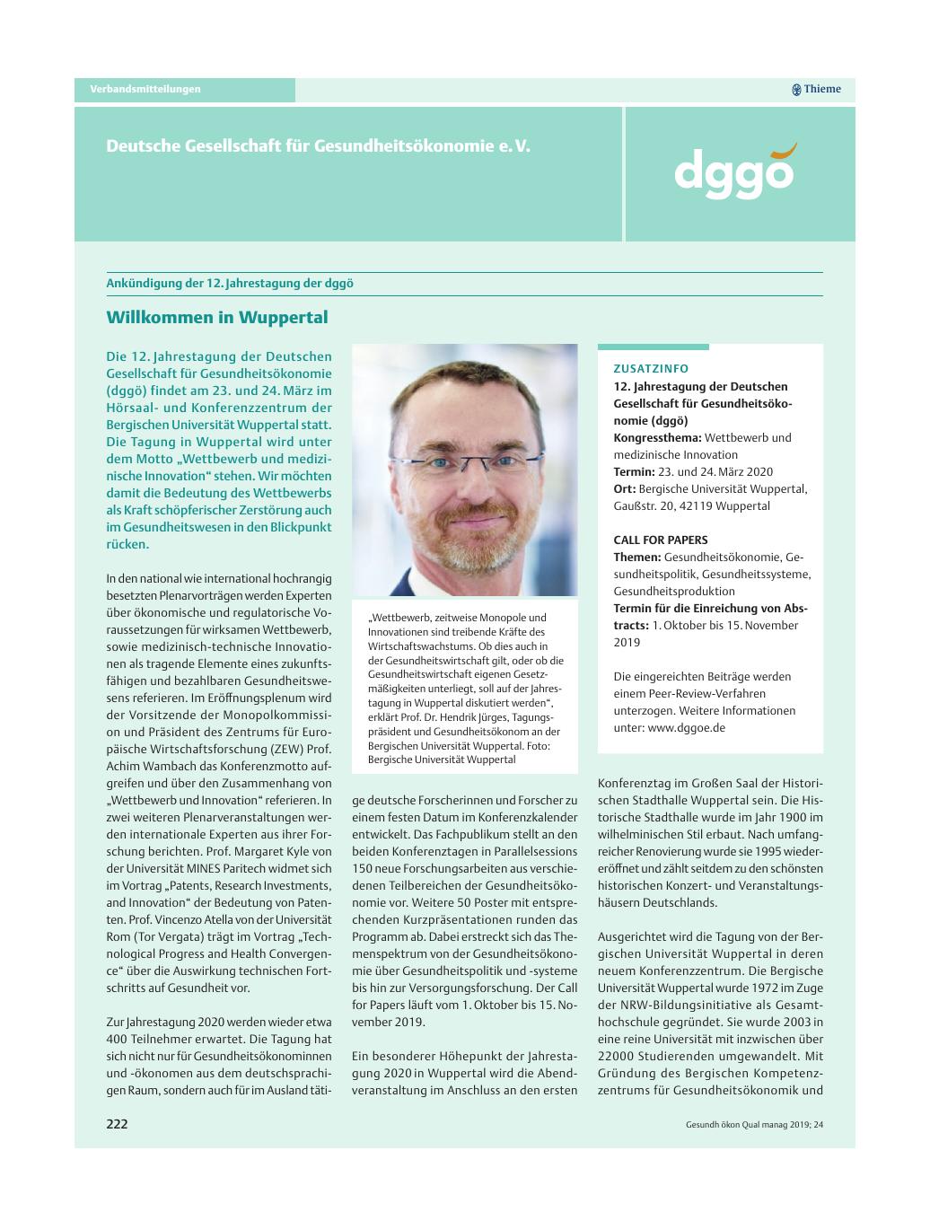 Vorschauseite 1: Ankündigung der 12. Jahrestagung der dggö – Willkommen in Wuppertal