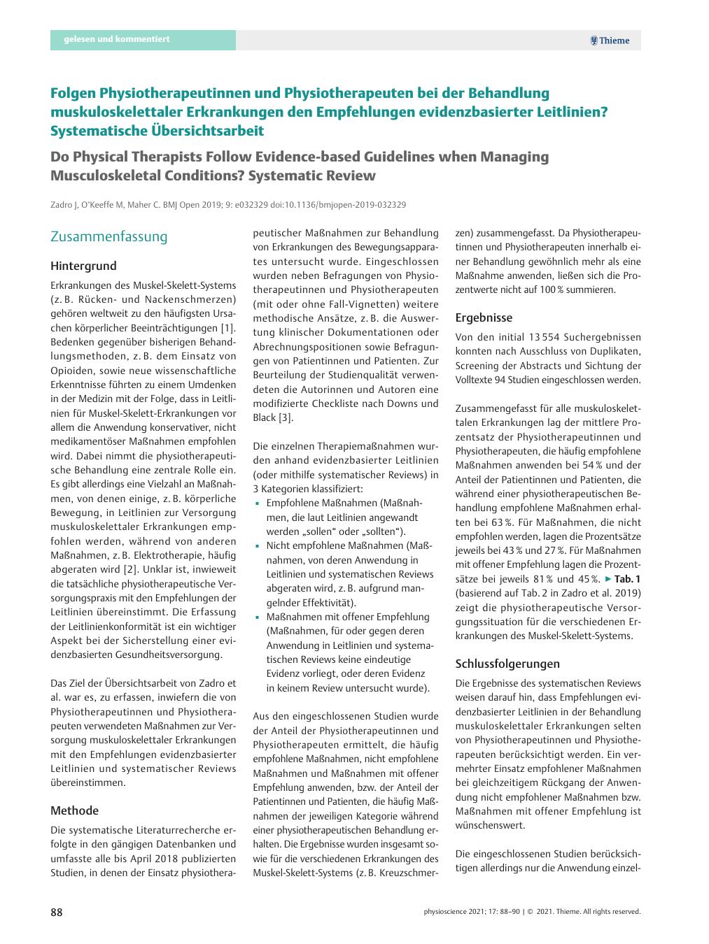 Vorschauseite 1: Folgen Physiotherapeutinnen und Physiotherapeuten bei der Behandlung muskuloskelettaler Erkrankungen den Empfehlungen evidenzbasierter Leitlinien? Systematische Übersichtsarbeit