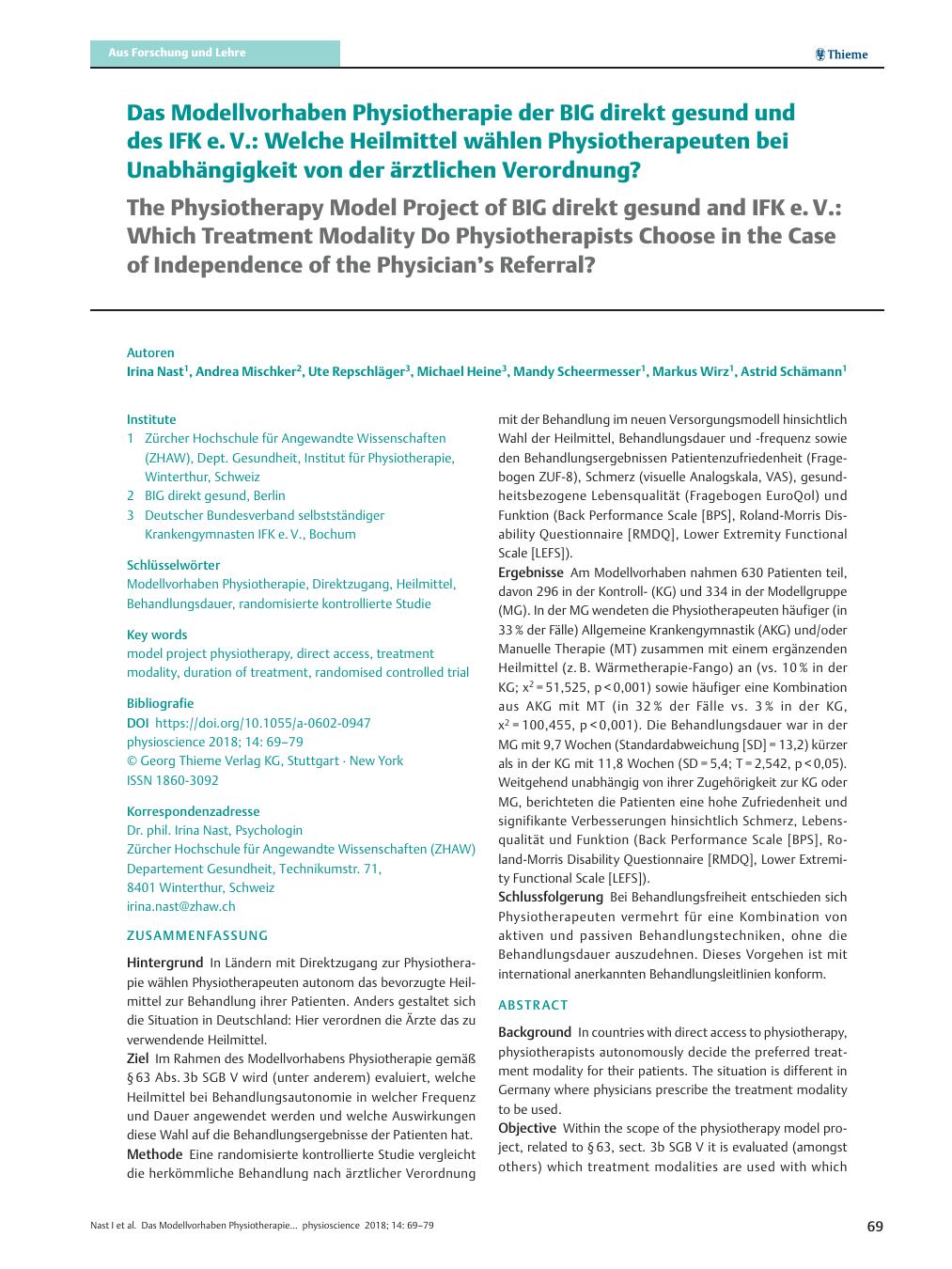 Vorschauseite 1: Das Modellvorhaben Physiotherapie der BIG direkt gesund und des IFK e. V.: Welche Heilmittel wählen Physiotherapeuten bei Unabhängigkeit von der ärztlichen Verordnung?