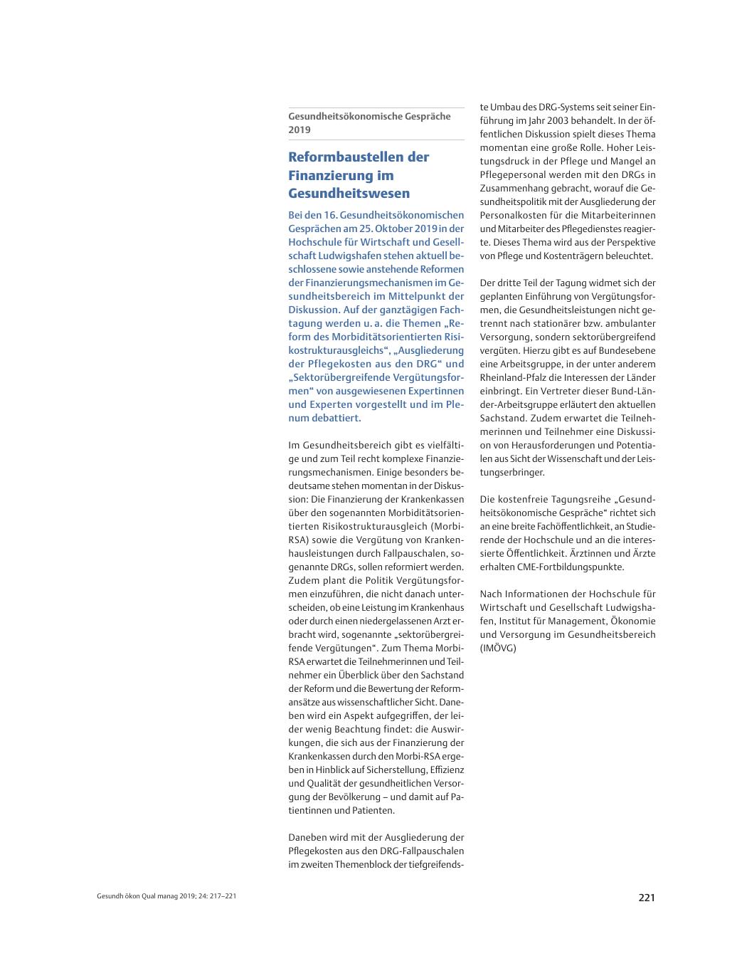Vorschauseite 1: Gesundheitsökonomische Gespräche 2019 – Reformbaustellen der Finanzierung im Gesundheitswesen
