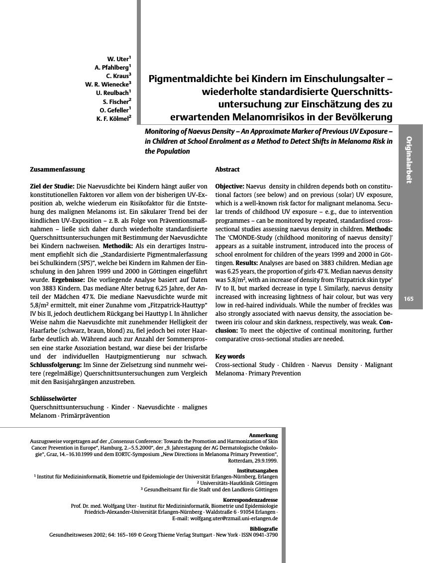 Vorschauseite 1: Pigmentmaldichte bei Kindern im Einschulungsalter - wiederholte standardisierte Querschnittsuntersuchung zur Einschätzung des zu erwartenden Melanomrisikos in der Bevölkerung