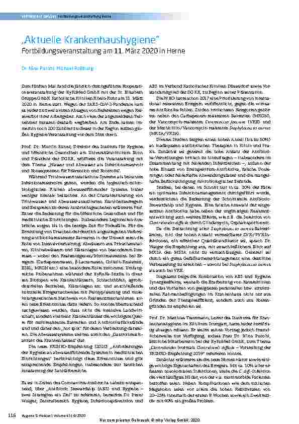 Vorschauseite 1: „Aktuelle Krankenhaushygiene“ Fortbildungsveranstaltung am 11. März 2020 in Herne.