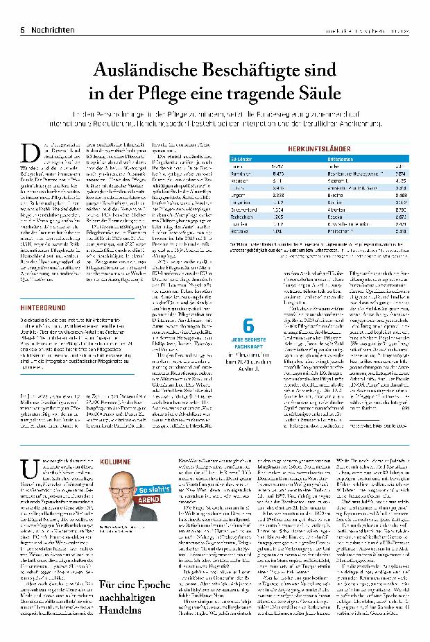 Vorschauseite 1: Ausländische Beschäftigte sind in der Pflege eine tragende Säule.