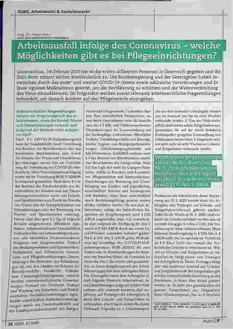 Vorschauseite 1: Arbeitsausfall infolge des Coronavirus - welche Möglichkeiten gibt es bei Pflegeeinrichtungen?