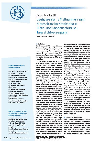 Vorschauseite 1: Bauhygienische Maßnahmen zum Hitzeschutz im Krankenhaus: Hitzeund Sonnenschutz vs. Tageslichtversorgung