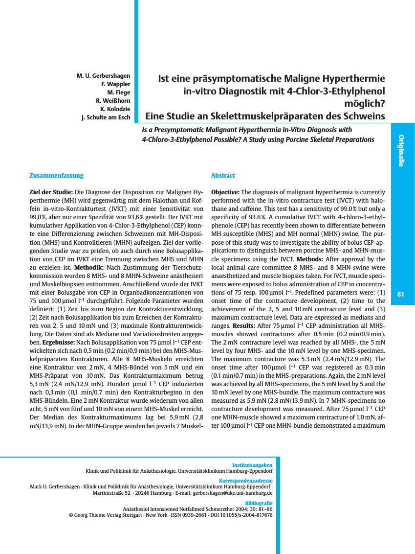 Vorschauseite 1: Ist eine präsymptomatische Maligne Hyperthermie in-vitro Diagnostik mit 4-Chlor-3-Ethylphenol möglich? Eine Studie an Skelettmuskelpräparaten des Schweins