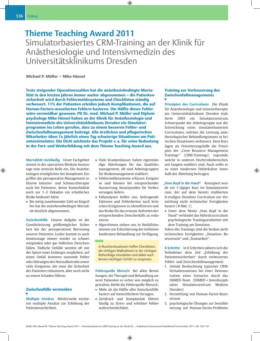 Vorschauseite 1: Thieme Teaching Award 2011 – Simulatorbasiertes CRM-Training an der Klinik für Anästhesiologie und Intensivmedizin des Universitätsklinikums Dresden