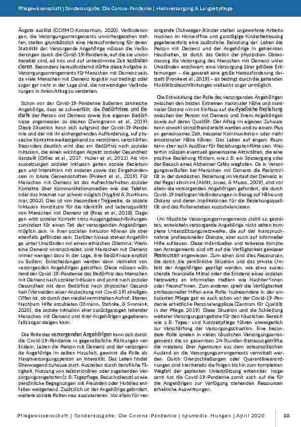Vorschauseite 2: Gefährdet die Covid-19-Pandemie die Stabilität häuslicher Versorgung von pflegebedürftigen Menschen mit Demenz? – eine Reflexion