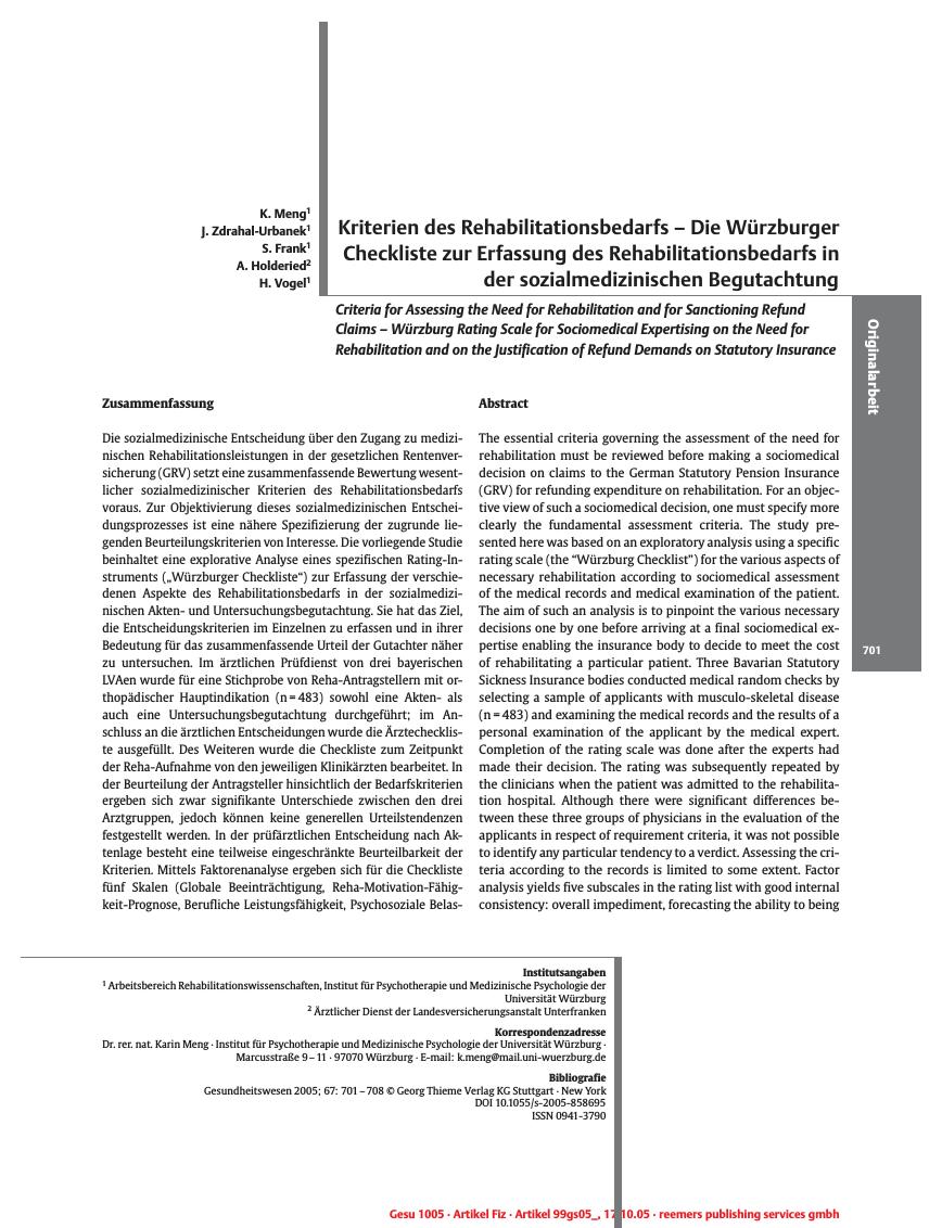 Vorschauseite 1: Kriterien des Rehabilitationsbedarfs - Die Würzburger Checkliste zur Erfassung des Rehabilitationsbedarfs in der sozialmedizinischen Begutachtung