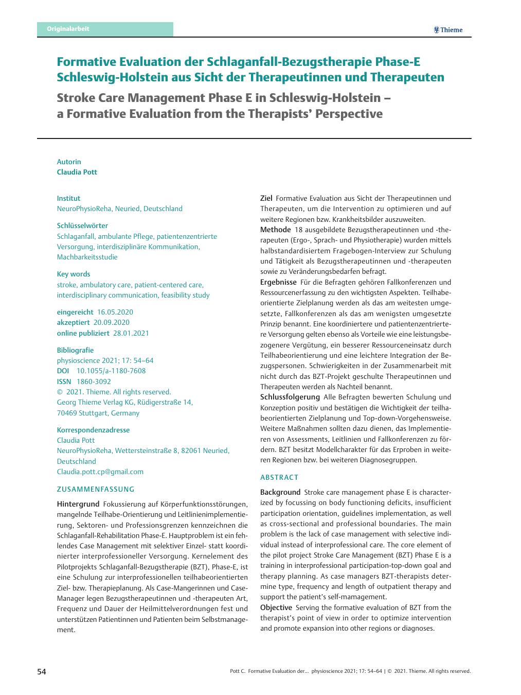 Vorschauseite 1: Formative Evaluation der Schlaganfall-Bezugstherapie Phase-E Schleswig-Holstein aus Sicht der Therapeutinnen und Therapeuten