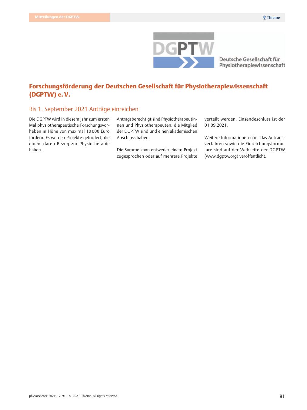 Vorschauseite 1: Forschungsförderung der Deutschen Gesellschaft für Physiotherapiewissenschaft (DGPTW) e. V.