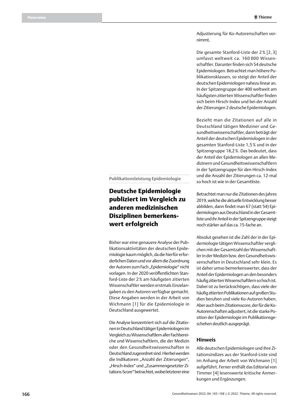Vorschauseite 1: Deutsche Epidemiologie publiziert im Vergleich zu anderen medizinischen Disziplinen bemerkenswert erfolgreich.