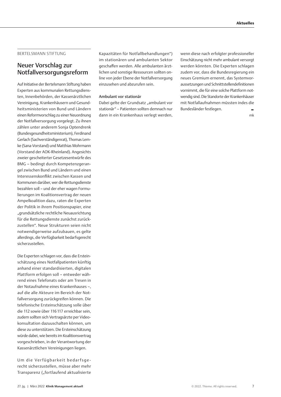 Vorschauseite 1: Bertelsmann Stiftung: Neuer Vorschlag zur Notfallversorgungsreform