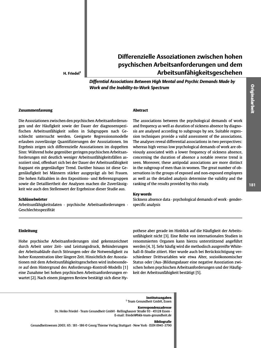 Vorschauseite 1: Differenzielle Assoziationen zwischen hohen psychischen Arbeitsanforderungen und dem Arbeitsunfähigkeitsgeschehen