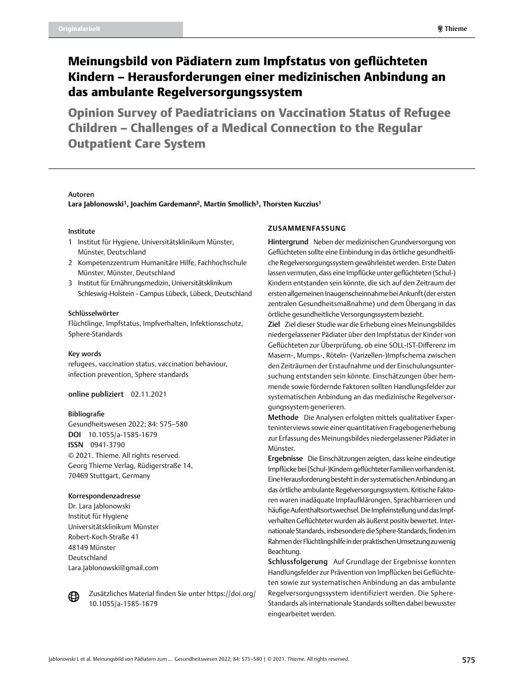 Vorschauseite 1: Meinungsbild von Pädiatern zum Impfstatus von geflüchteten Kindern – Herausforderungen einer medizinischen Anbindung an das ambulante Regelversorgungssystem