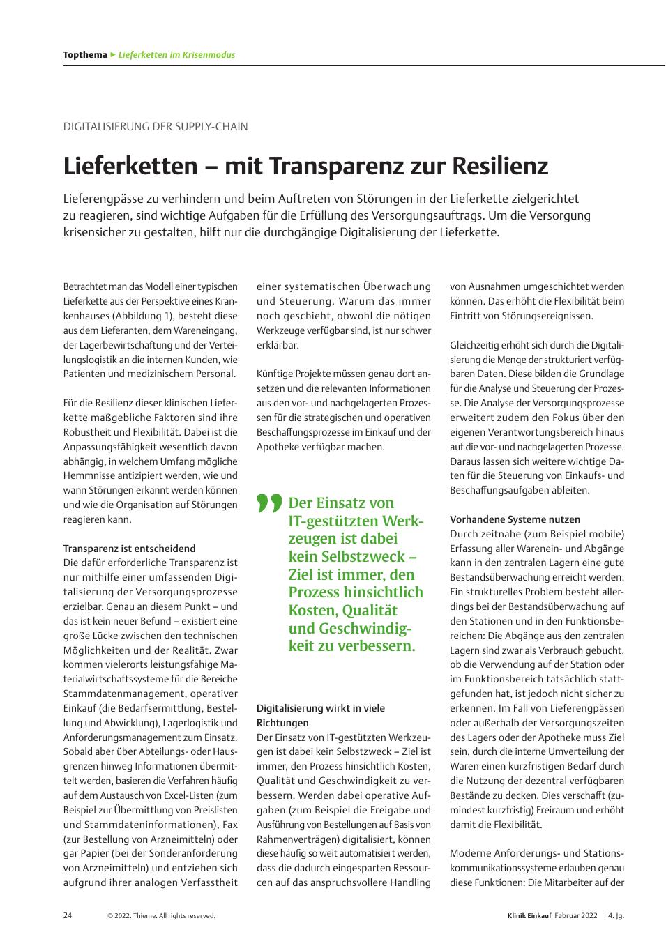 Vorschauseite 1: Digitalisierung der Supply Chain: Lieferketten – mit Transparenz zur Resilienz