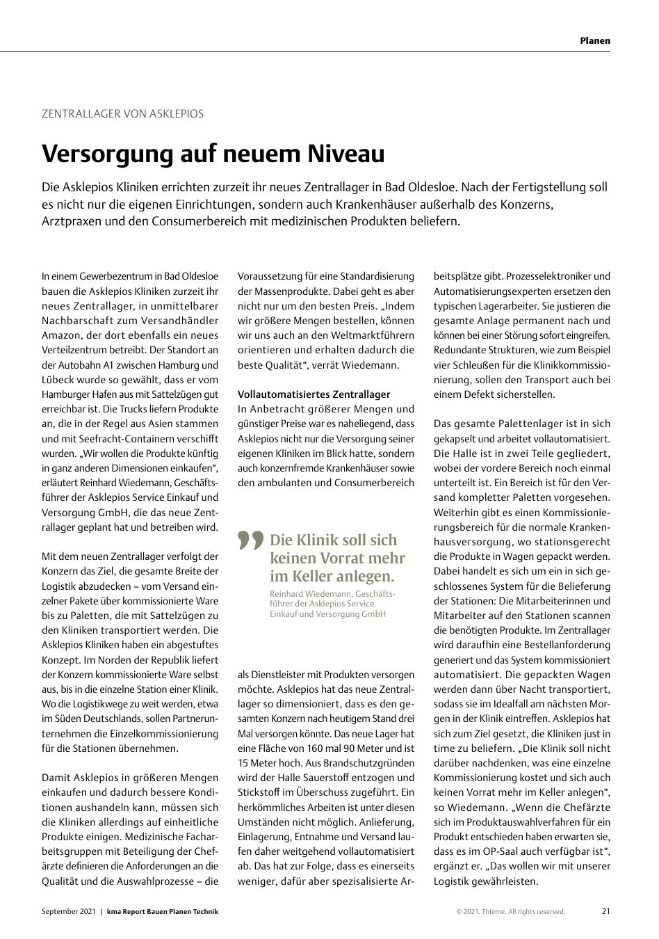 Vorschauseite 1: Zentrallager von Asklepios: Versorgung auf neuem Niveau