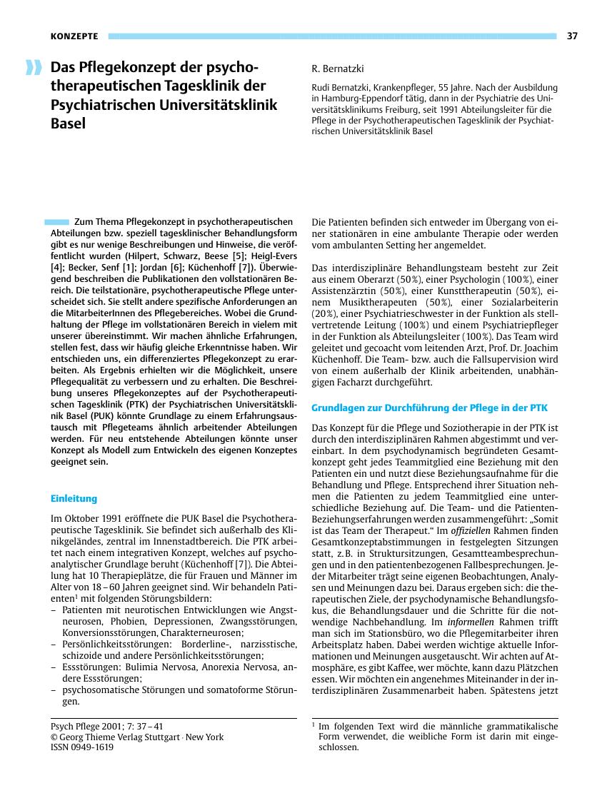 Vorschauseite 1: Das Pflegekonzept der psychotherapeutischen Tagesklinik der Psychiatrischen Universitätsklinik Basel