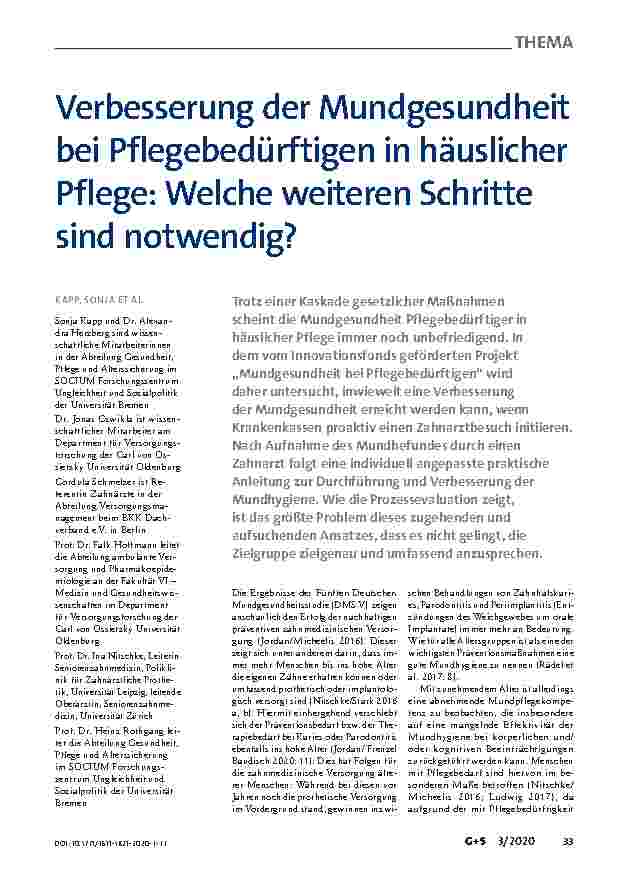 Vorschauseite 1: Verbesserung der Mundgesundheit bei Pflegebedürftigen in häuslicher Pflege: Welche weiteren Schritte sind notwendig?