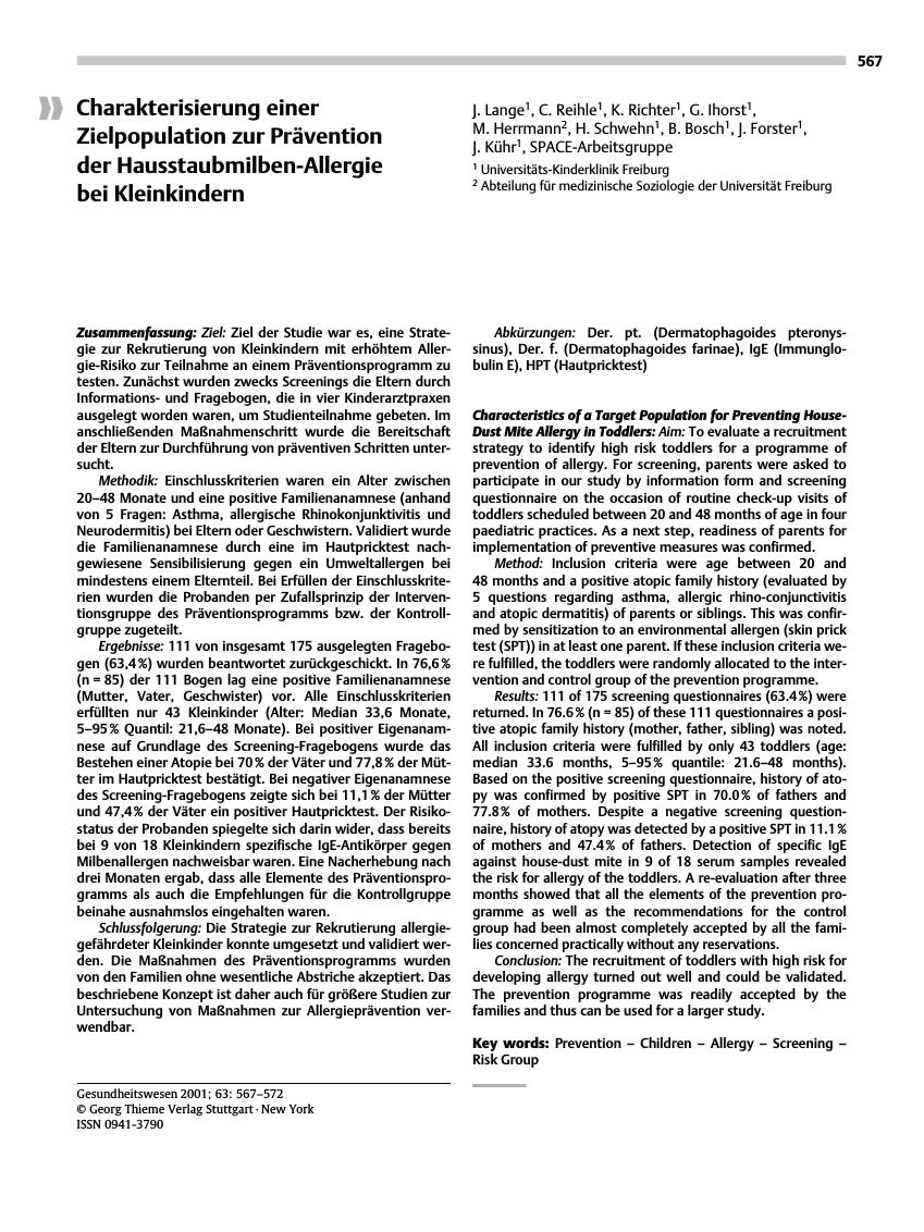 Vorschauseite 1: Charakterisierung einer Zielpopulation zur Prävention der Hausstaubmilben-Allergie bei Kleinkindern