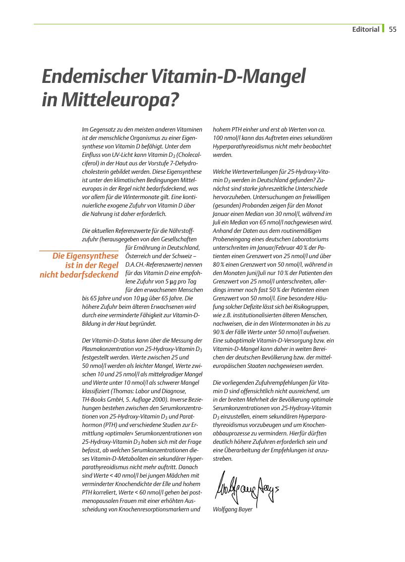 Vorschauseite 1: Endemischer Vitamin-D-Mangel in Mitteleuropa?