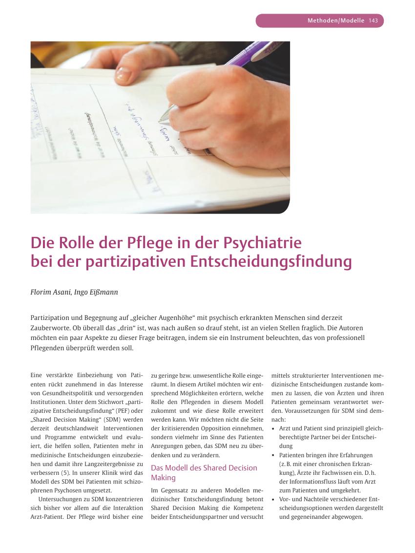 Vorschauseite 1: Die Rolle der Pflege in der Psychiatrie bei der partizipativen Entscheidungsfindung