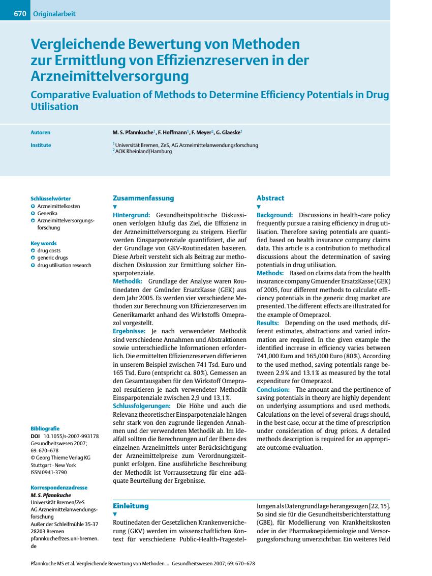 Vorschauseite 1: Vergleichende Bewertung von Methoden zur Ermittlung von Effizienzreserven in der Arzneimittelversorgung