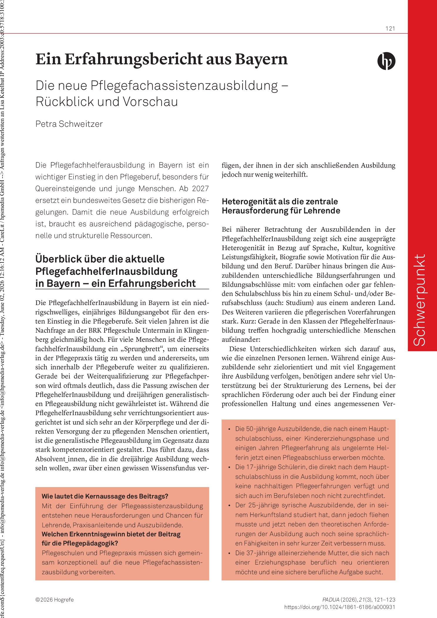 Vorschauseite 1: Ein Erfahrungsbericht aus Bayern. Die neue Pflegefachassistenzausbildung – Rückblick und Vorschau